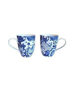 Pier 1 Blue White Floral Rabbit Bird Motif Porcelain Mugs Set of 2 *READ